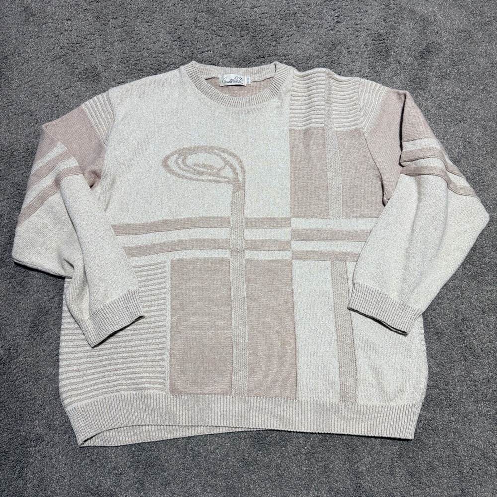 Arnold Palmer Mens XL Tan Cream Geometric Colorblock Golf‎ Knit Crewneck Sweater